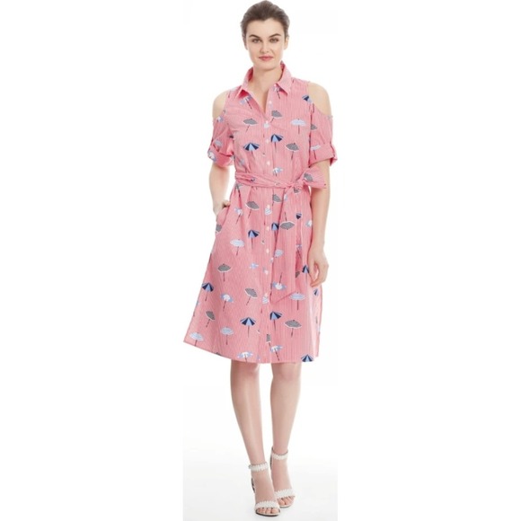 Draper James Shirt Dress Cold Shoulder Striped Umbrella Print Belted Size 2 NWOT - Picture 3 of 12